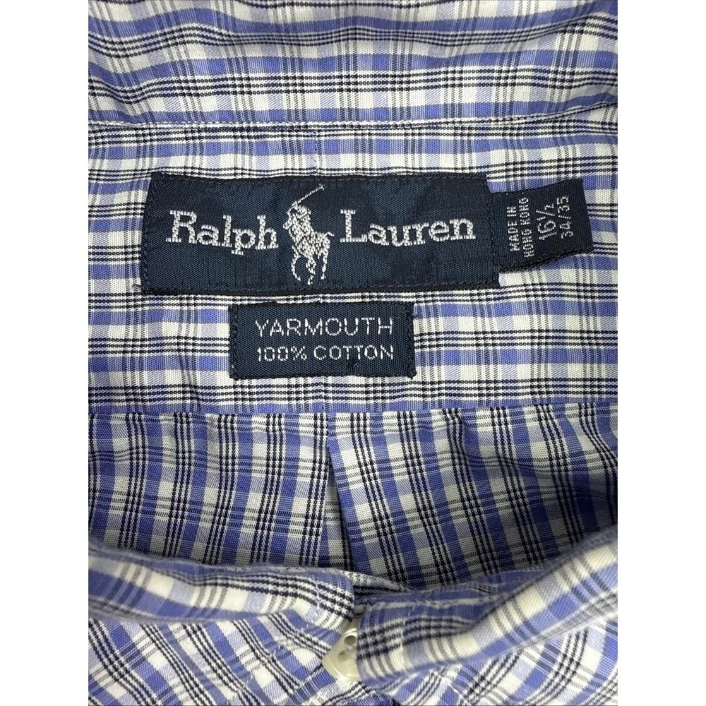 Vintage Ralph Lauren Shirt Men's 16.5 34/35 Blue Plaid Long Sleeve Cotton